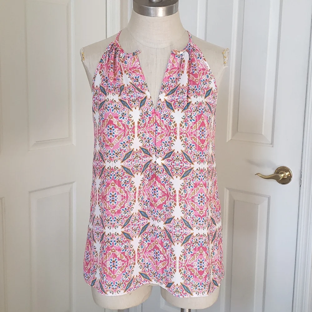Cremieux Pink Teal Mustard Halter Neck A-Line Top XS - Picture 3 of 13
